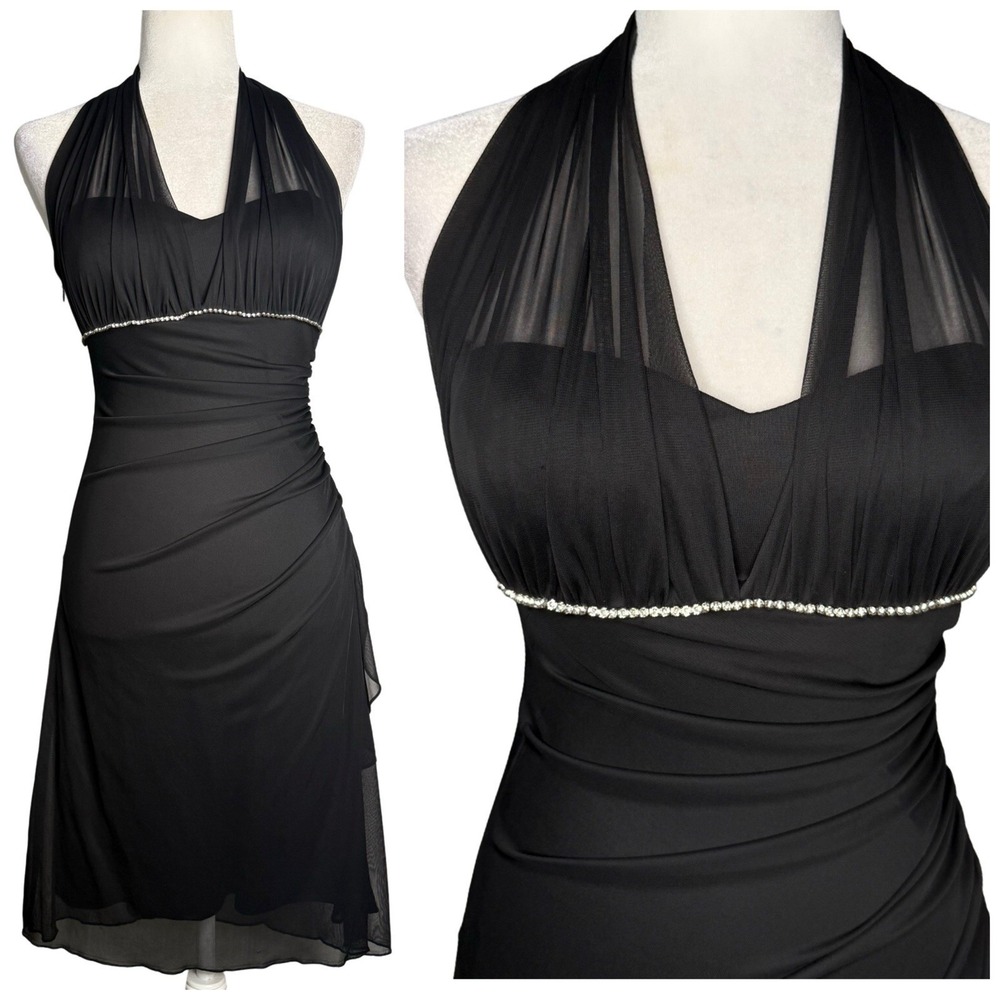 Betsy & Adam Whimsigoth Babydoll Halter Dress M Glam Rhinestone Sheer Y2K USA